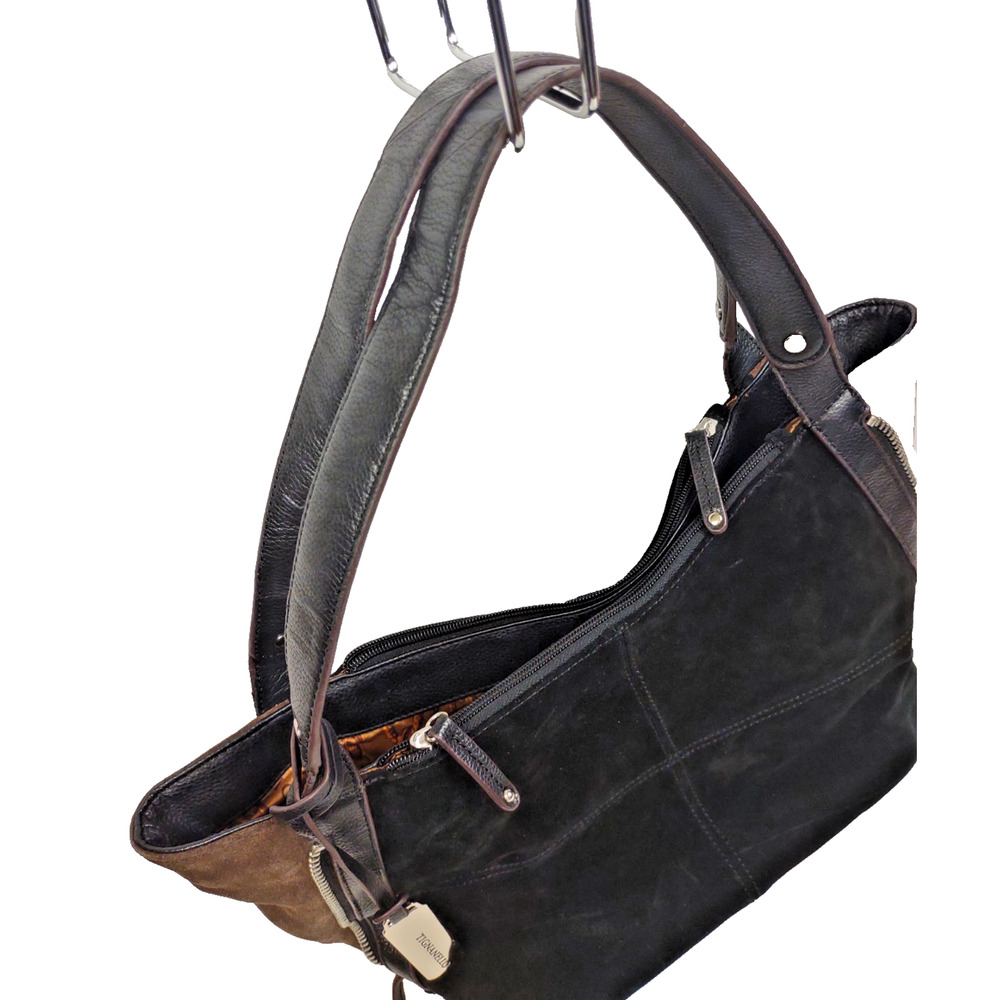 TIGNANELLO Black & Brown Suede/Leather Expandable Hobo Shoulder Bag Handbag - Picture 12 of 13